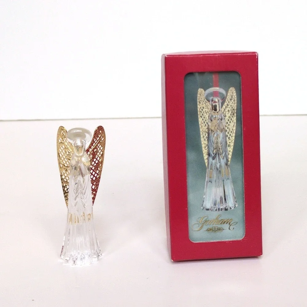 NIB Vtg Gorham Full Lead Crystal Angel Christmas Tree Ornament Gold‎ Metal Wings